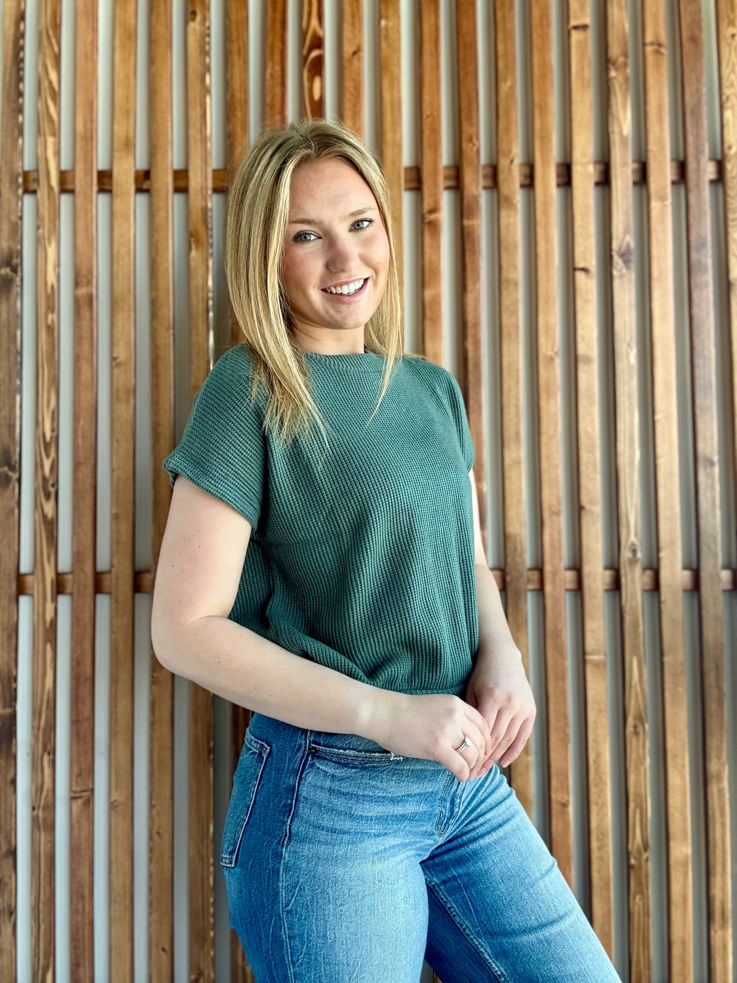 Banded Bottom Short Sleeve Sweater - Ash Jade