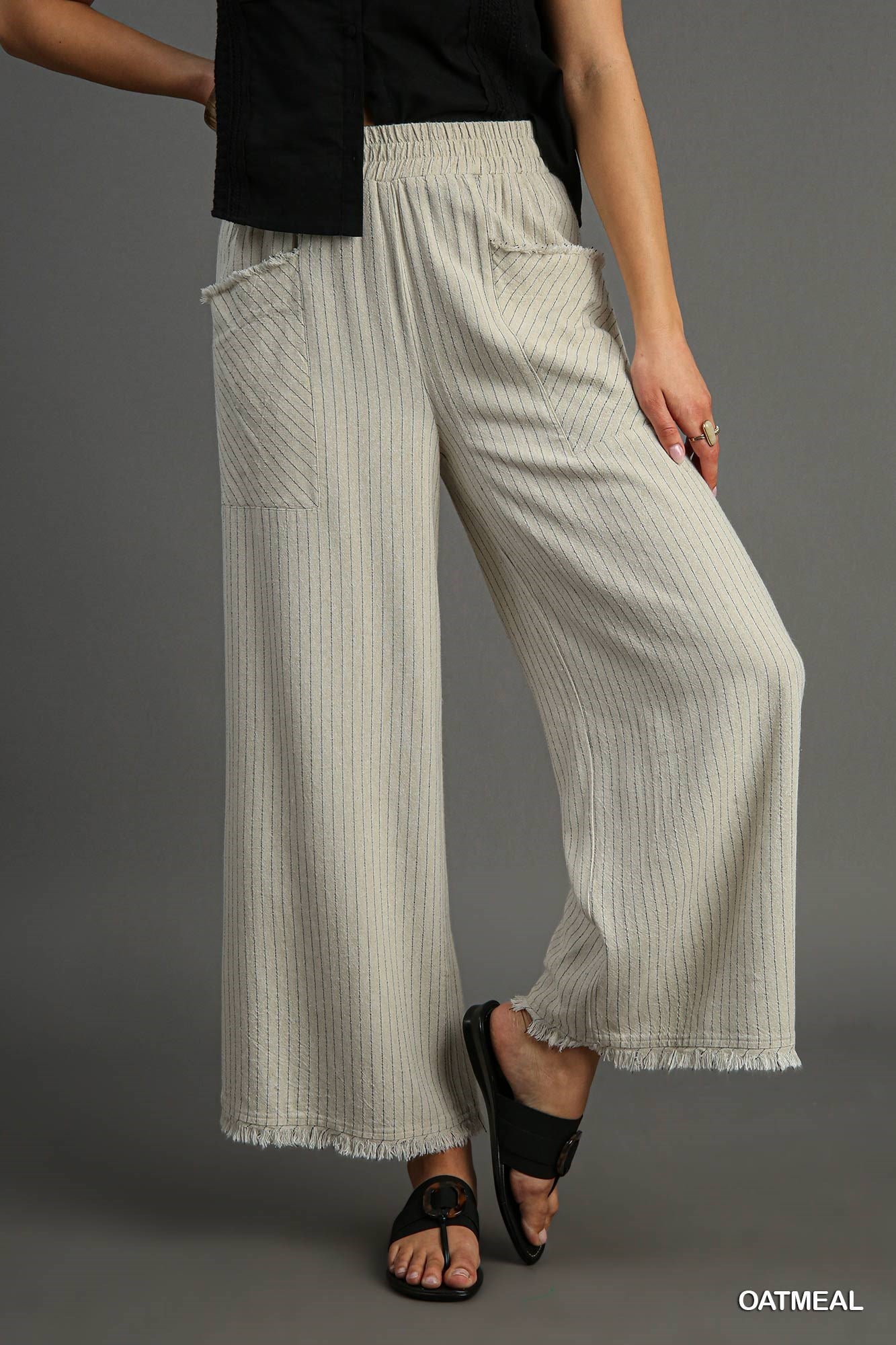 Oatmeal Linen Blend Striped Wide Leg Pants