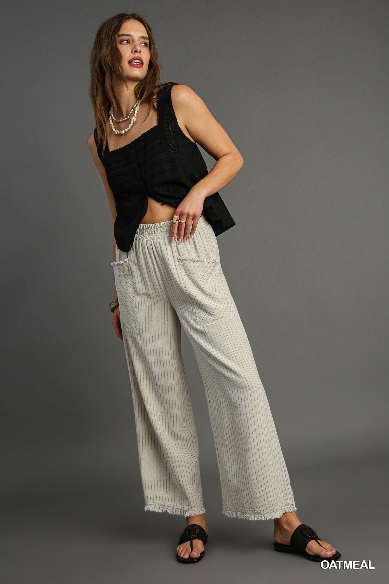 Oatmeal Linen Blend Striped Wide Leg Pants