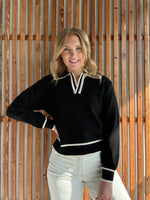 Line Edge Accent Polo Sweater Top - Black