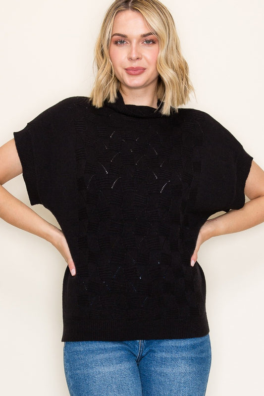 Mock Neck Extended Short Sleeve Sweater - Black