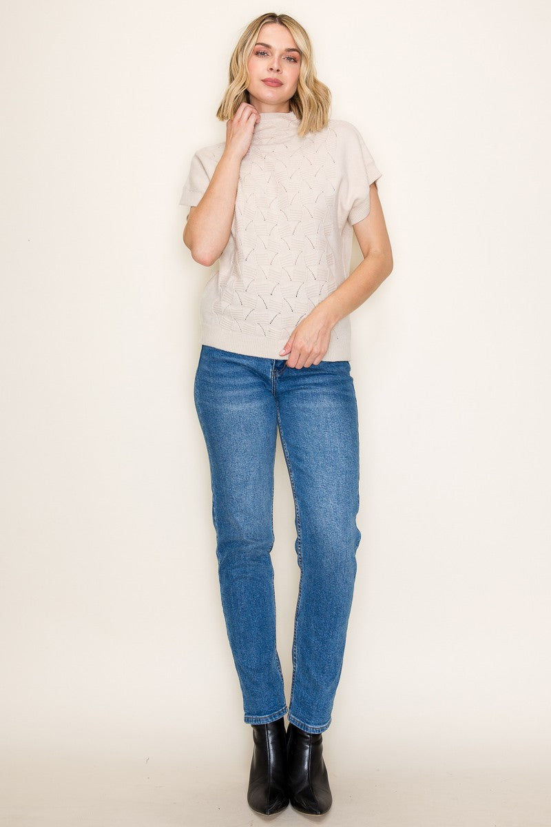 Mock Neck Extended Short Sleeve Sweater - Oatmeal