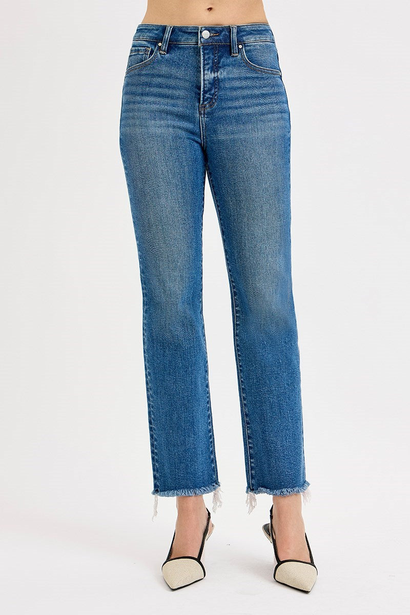 Ruby TC HR Crop Straight Raw Hem Risen Jeans - Medium