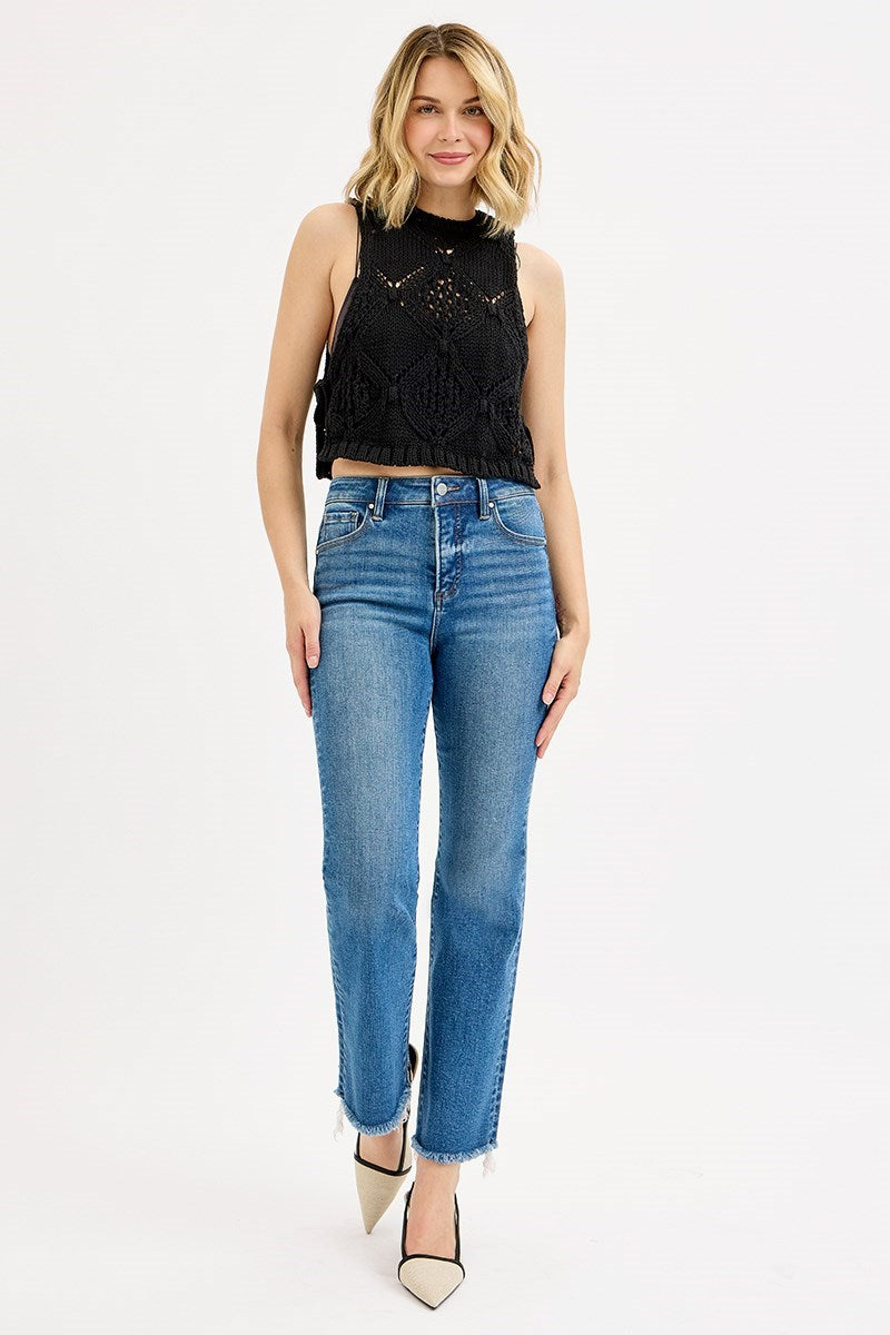 Ruby TC HR Crop Straight Raw Hem Risen Jeans - Medium