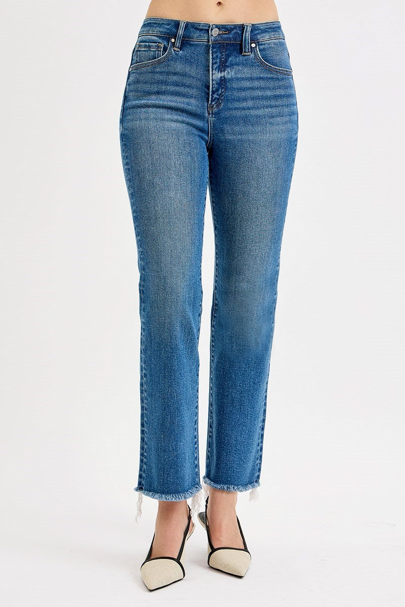 Ruby TC HR Crop Straight Raw Hem Risen Jeans - Medium