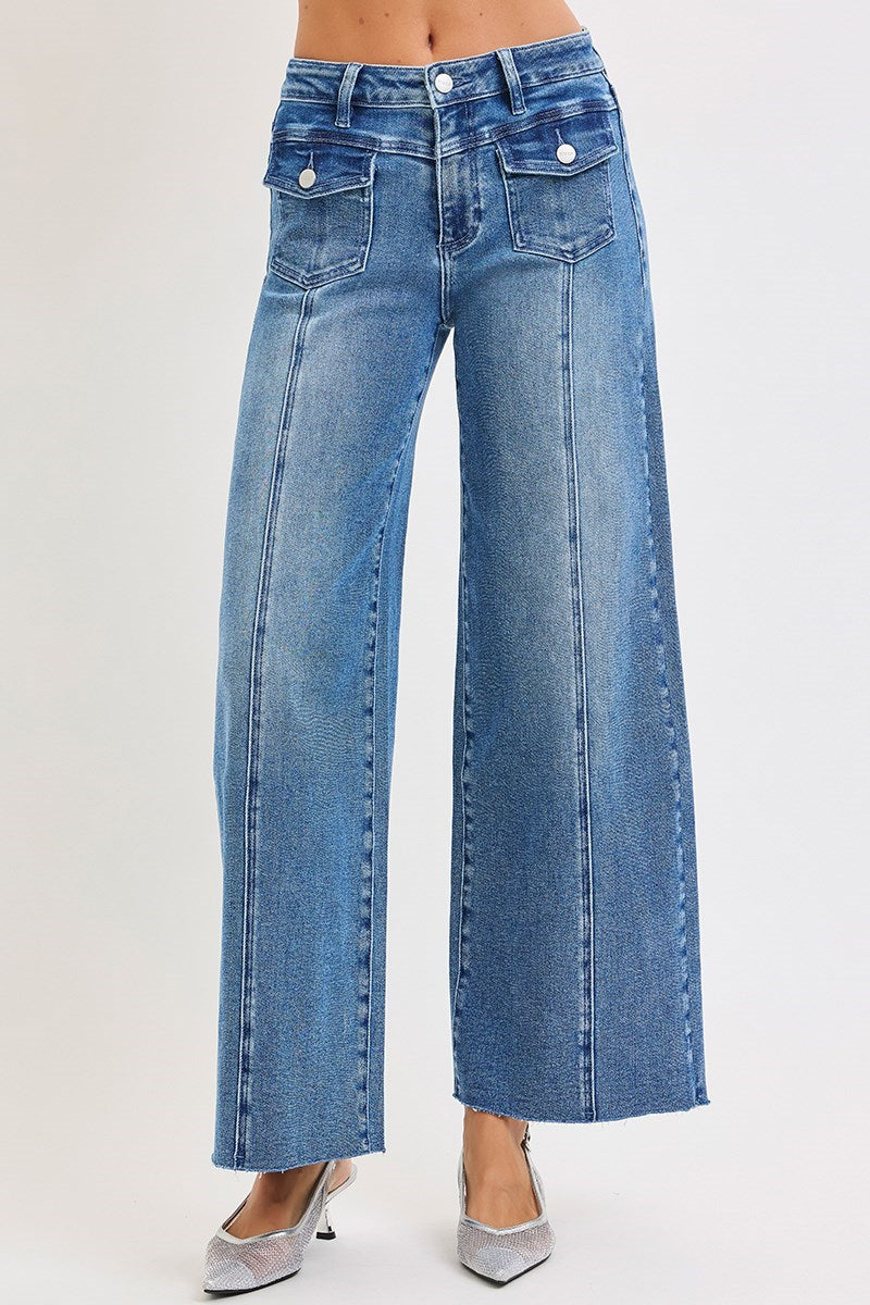 Sloane HR Front Patch Ankle Wide Jeans