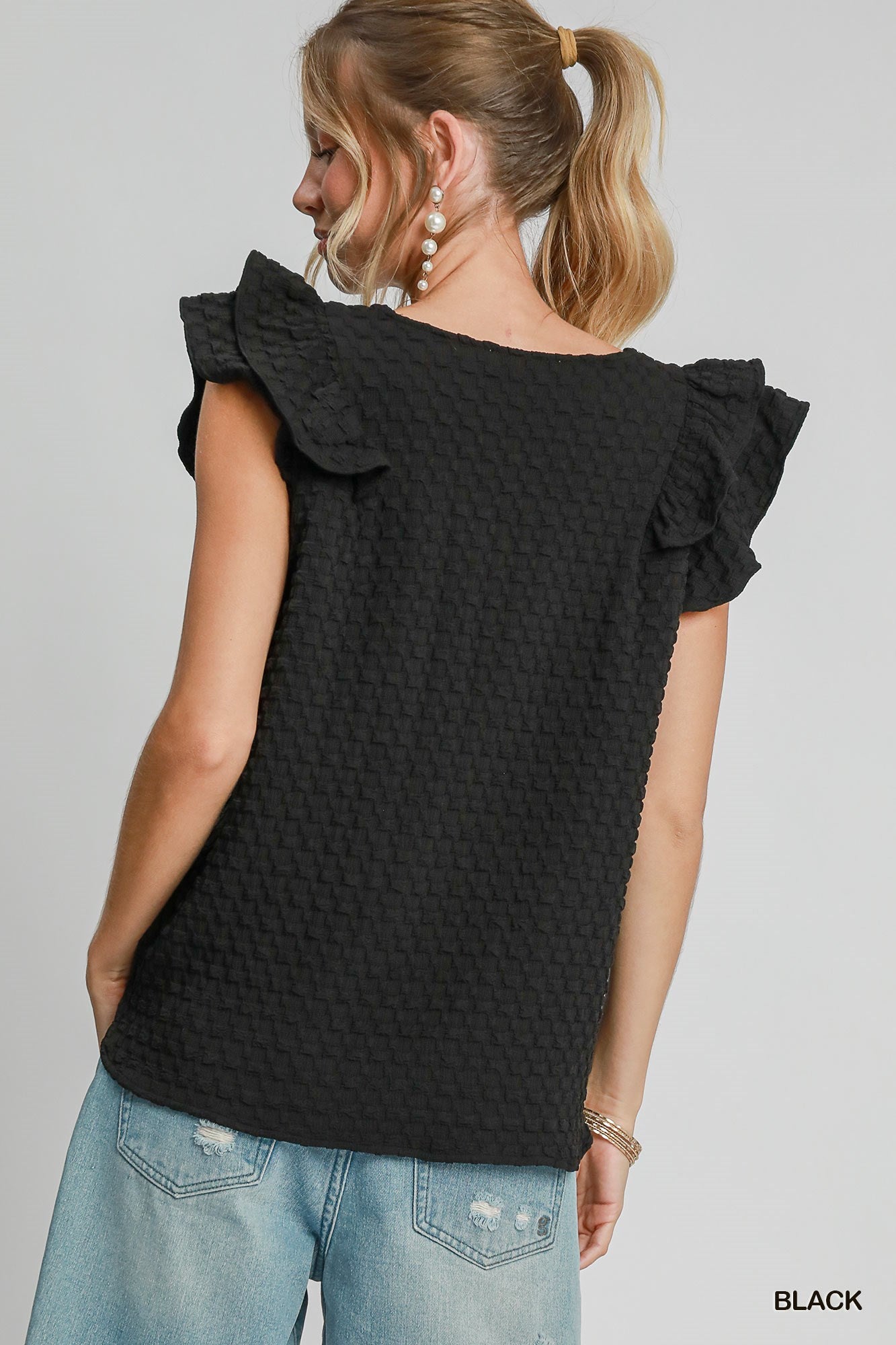 Checked Out Black Ruffle Sleeve