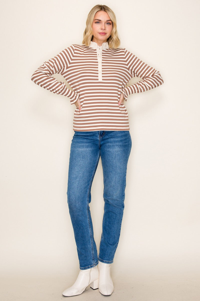 Ruffle Collar Half Button Striped Top - Camel