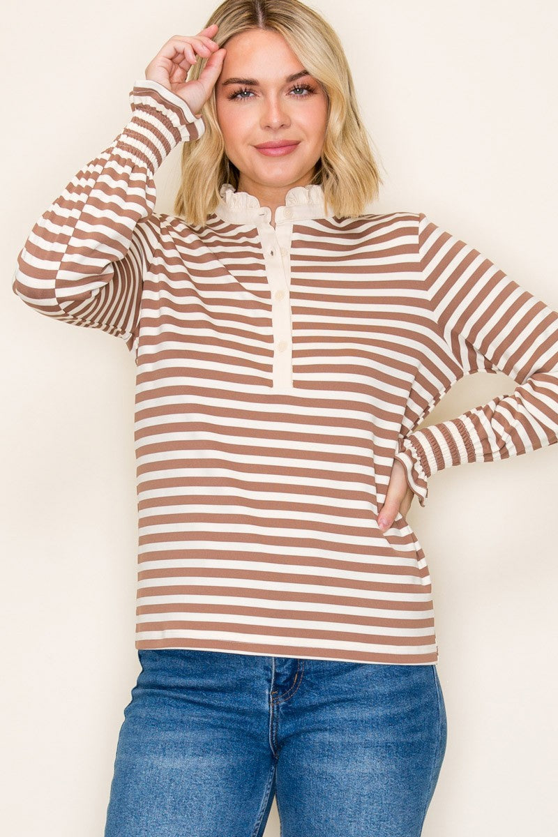 Ruffle Collar Half Button Striped Top - Camel