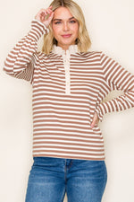Ruffle Collar Half Button Striped Top - Camel