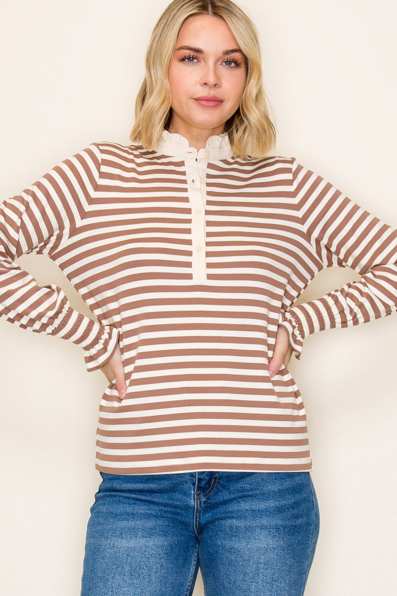 Ruffle Collar Half Button Striped Top - Camel