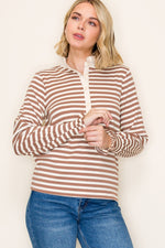 Ruffle Collar Half Button Striped Top - Camel