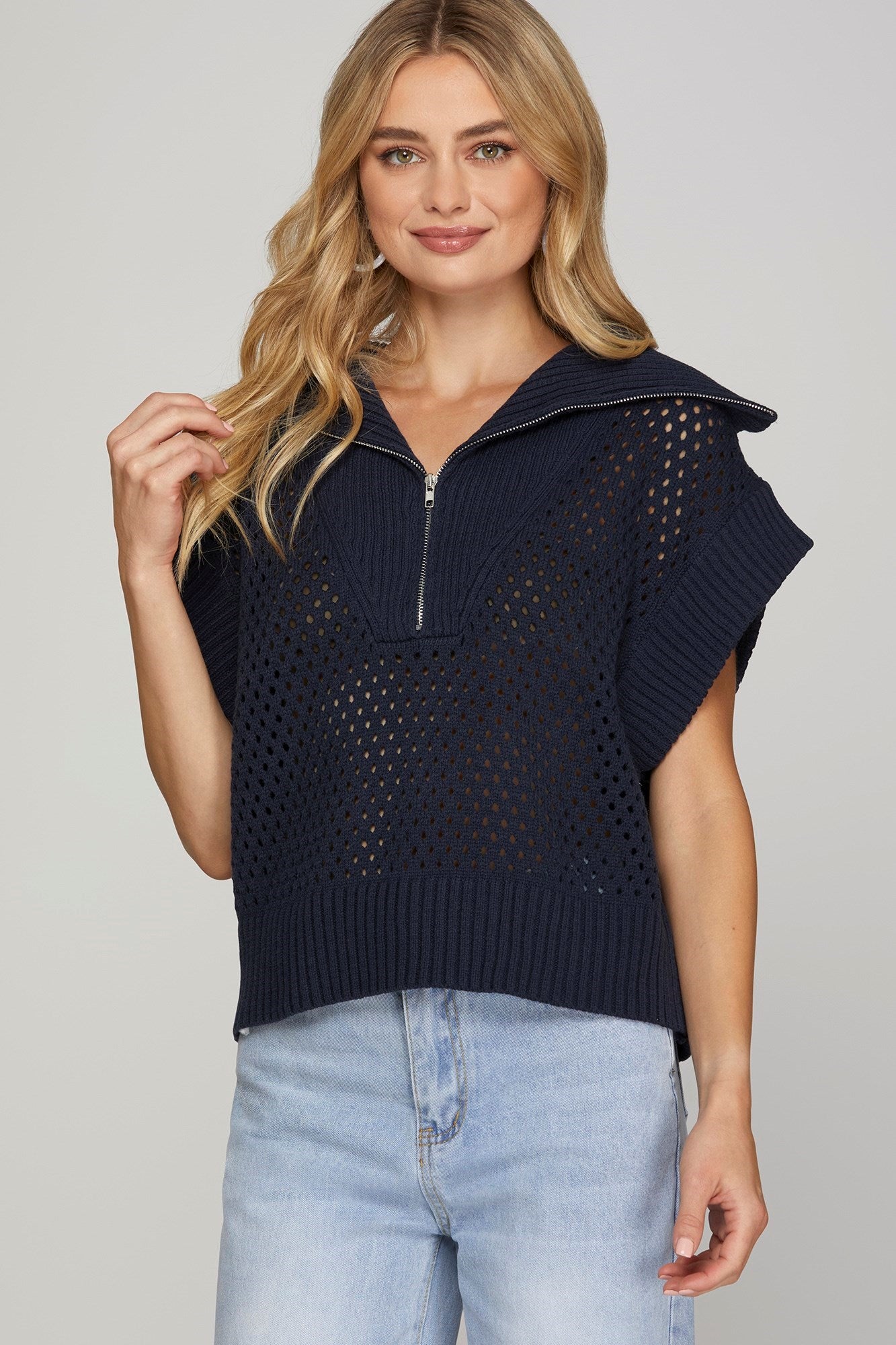 Collared Open Knit Half Zip Sweater Top