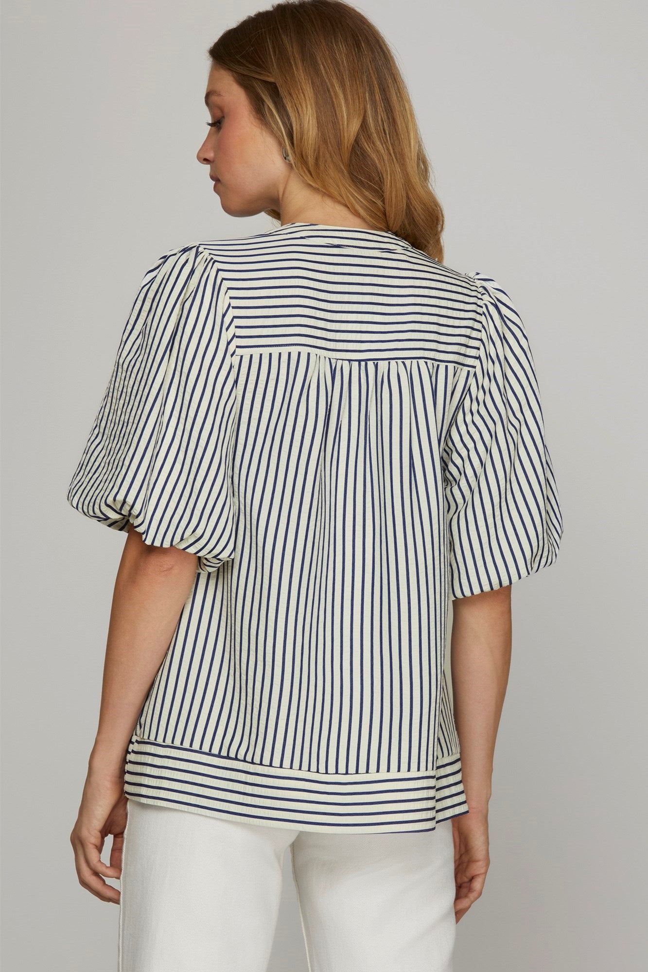 Navy Bubble Sleeve Striped Woven Top