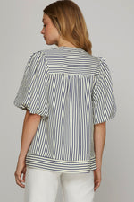 Navy Bubble Sleeve Striped Woven Top