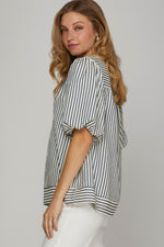 Navy Bubble Sleeve Striped Woven Top