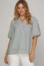 Navy Bubble Sleeve Striped Woven Top