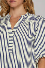 Navy Bubble Sleeve Striped Woven Top