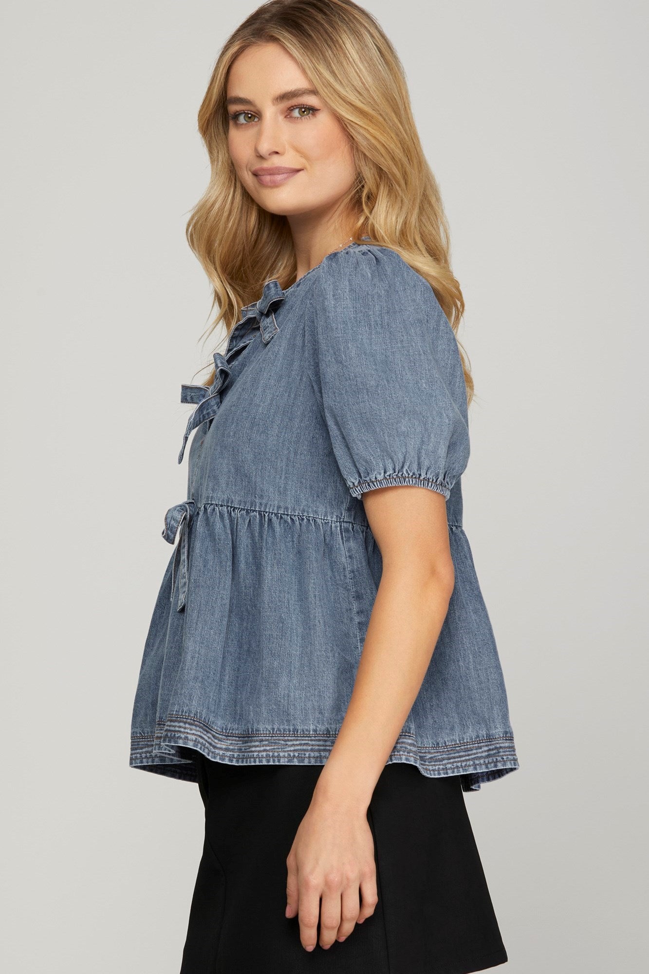 Denim Puff Sleeve Bow Front Blouse