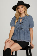 Denim Puff Sleeve Bow Front Blouse