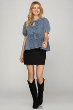 Denim Puff Sleeve Bow Front Blouse