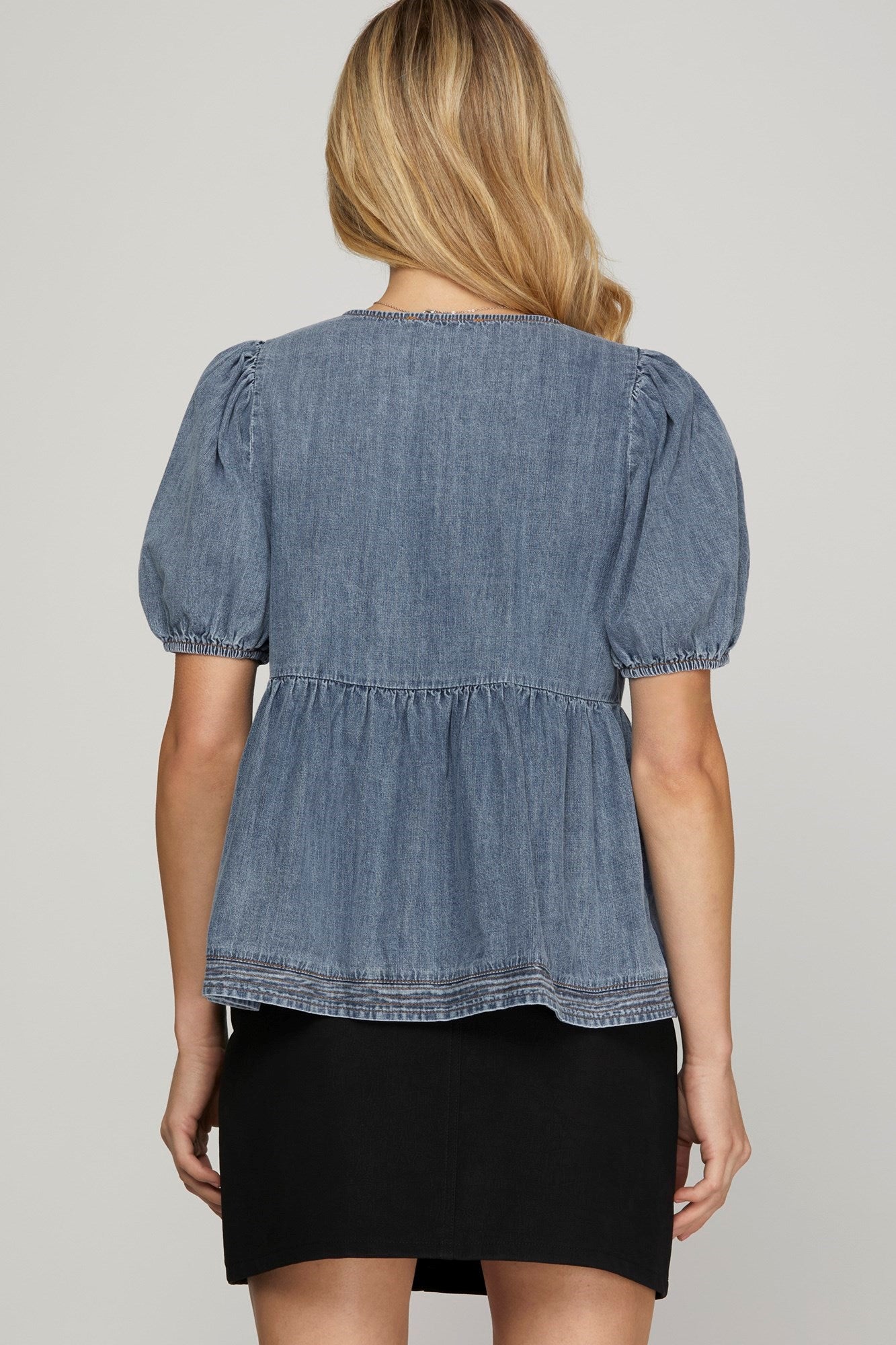 Denim Puff Sleeve Bow Front Blouse