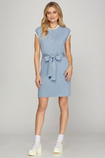 Blue Sleeveless Sweater Dress with Tie