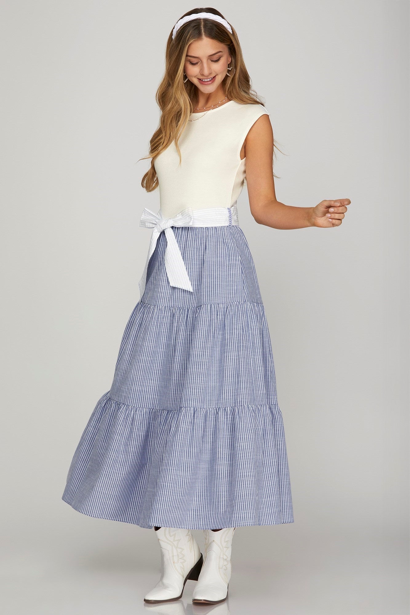 Ivory & Blue Knit Combo Stripe Tiered Midi Dress