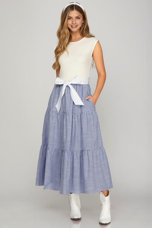 Ivory & Blue Knit Combo Stripe Tiered Midi Dress