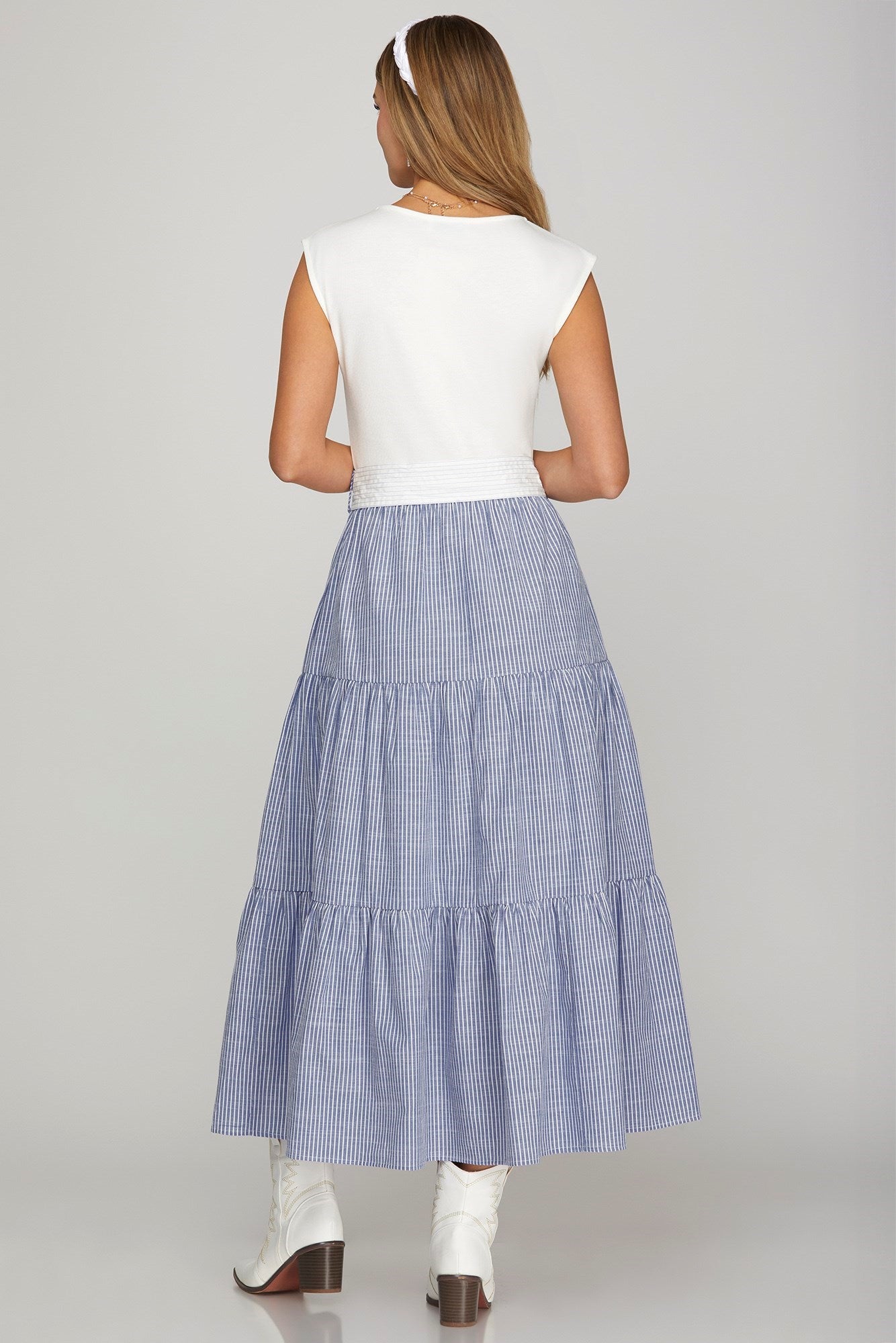 Ivory & Blue Knit Combo Stripe Tiered Midi Dress