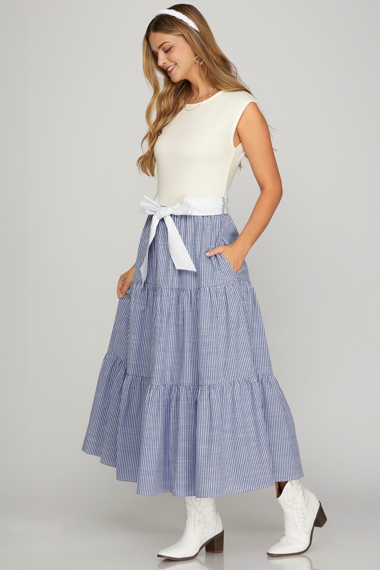 Ivory & Blue Knit Combo Stripe Tiered Midi Dress