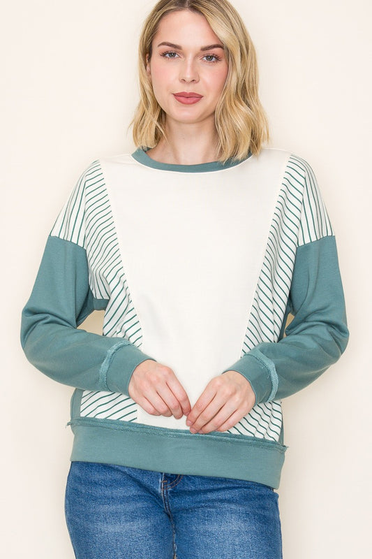 Stripe Color Blocked Terry Sweatshirt - Sage