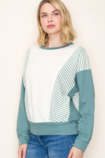 Stripe Color Blocked Terry Sweatshirt - Sage