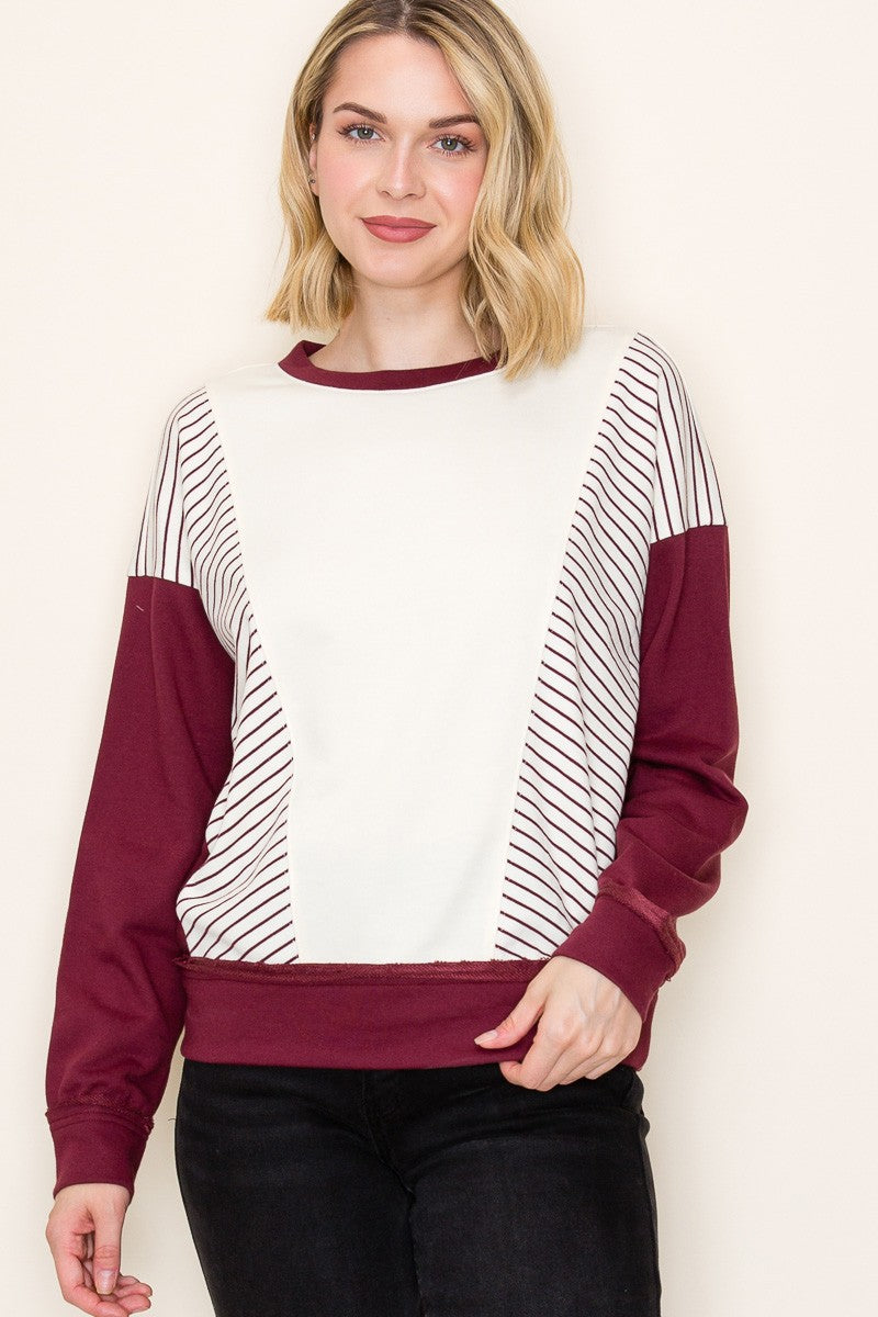 Stripe Color Blocked Terry Sweatshirt - Burgundy
