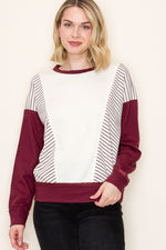 Stripe Color Blocked Terry Sweatshirt - Burgundy