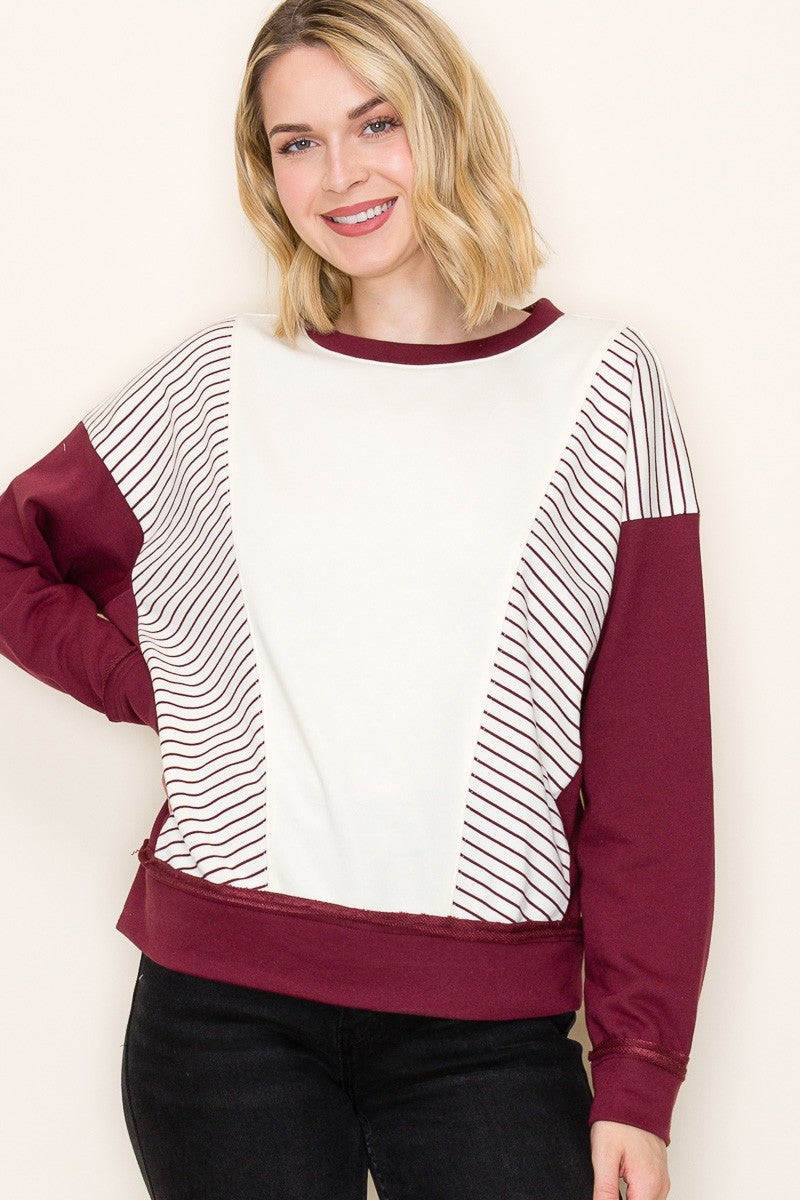 Stripe Color Blocked Terry Sweatshirt - Burgundy
