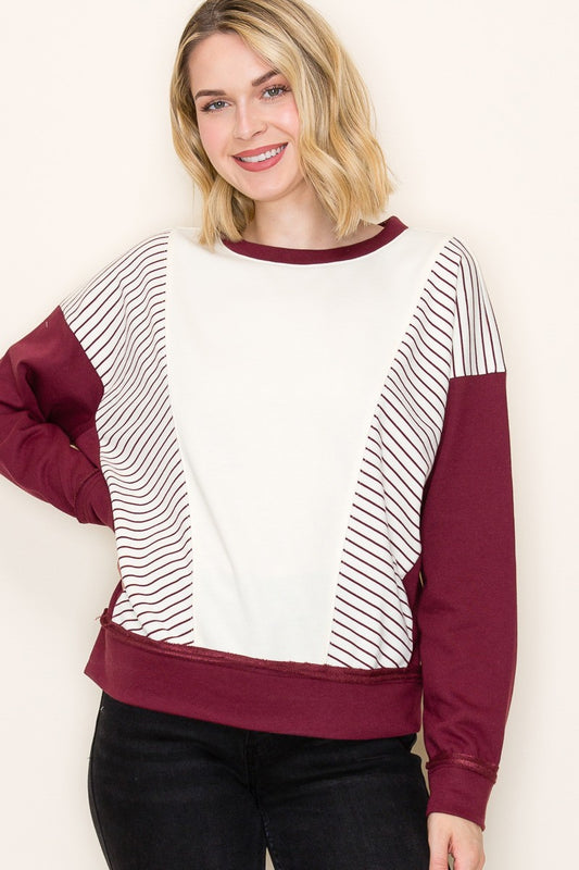 Stripe Color Blocked Terry Sweatshirt - Burgundy