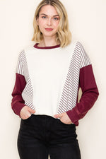 Stripe Color Blocked Terry Sweatshirt - Burgundy