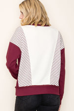 Stripe Color Blocked Terry Sweatshirt - Burgundy