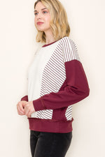 Stripe Color Blocked Terry Sweatshirt - Burgundy
