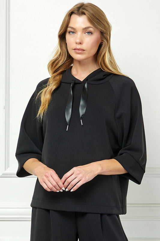 Soft Hooded Top With Satin Tie Detail - Black