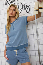 Stripe Short Sleeve Henley Knit Top - Denim