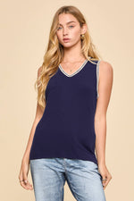 Embroidered Stitching Detail Sleeveless Top - Navy