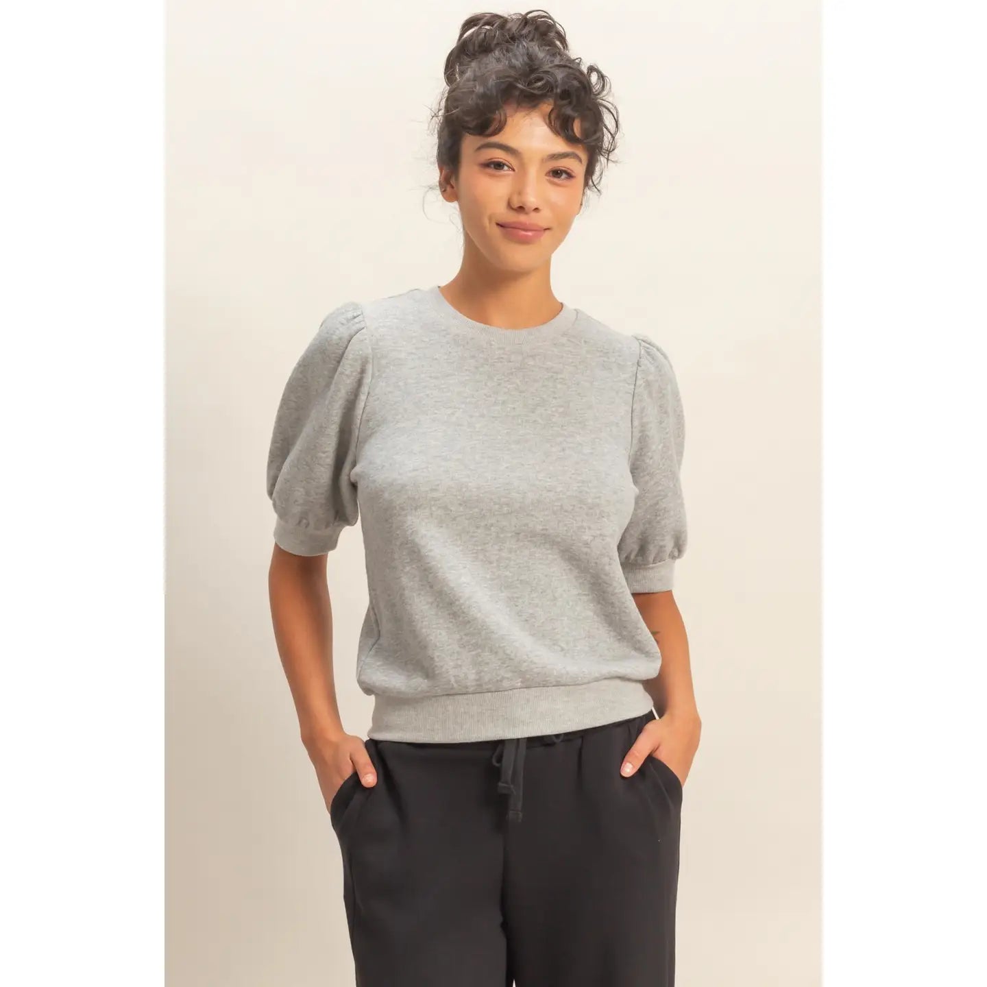 Puff Short Sleeve Crew Neck Top - Heather Grey