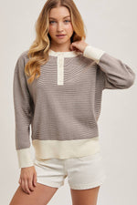 STRIPED CONTRAST HALF BUTTON KNIT TOP