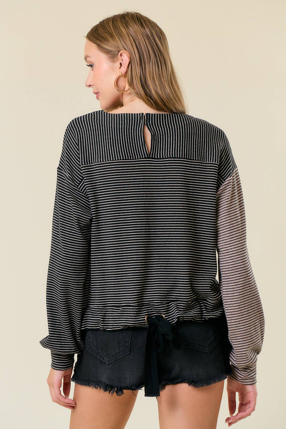 Long Sleeve Drawstring Back Stripe Mixed Top