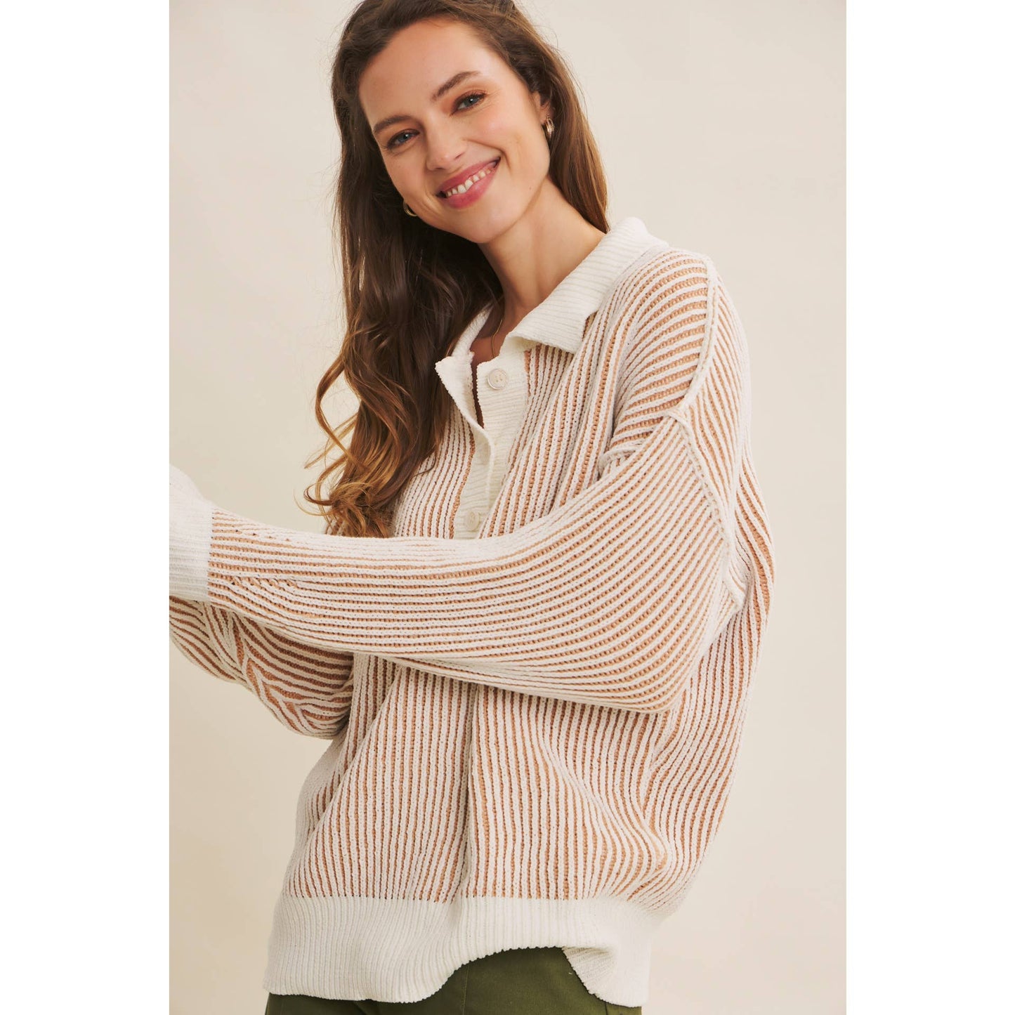 Two-Tone Textured Stripe Henley Sweater - Camel