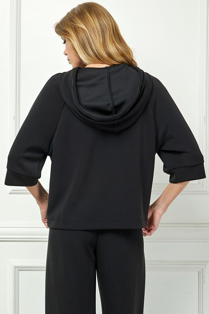 Soft Hooded Top With Satin Tie Detail - Black