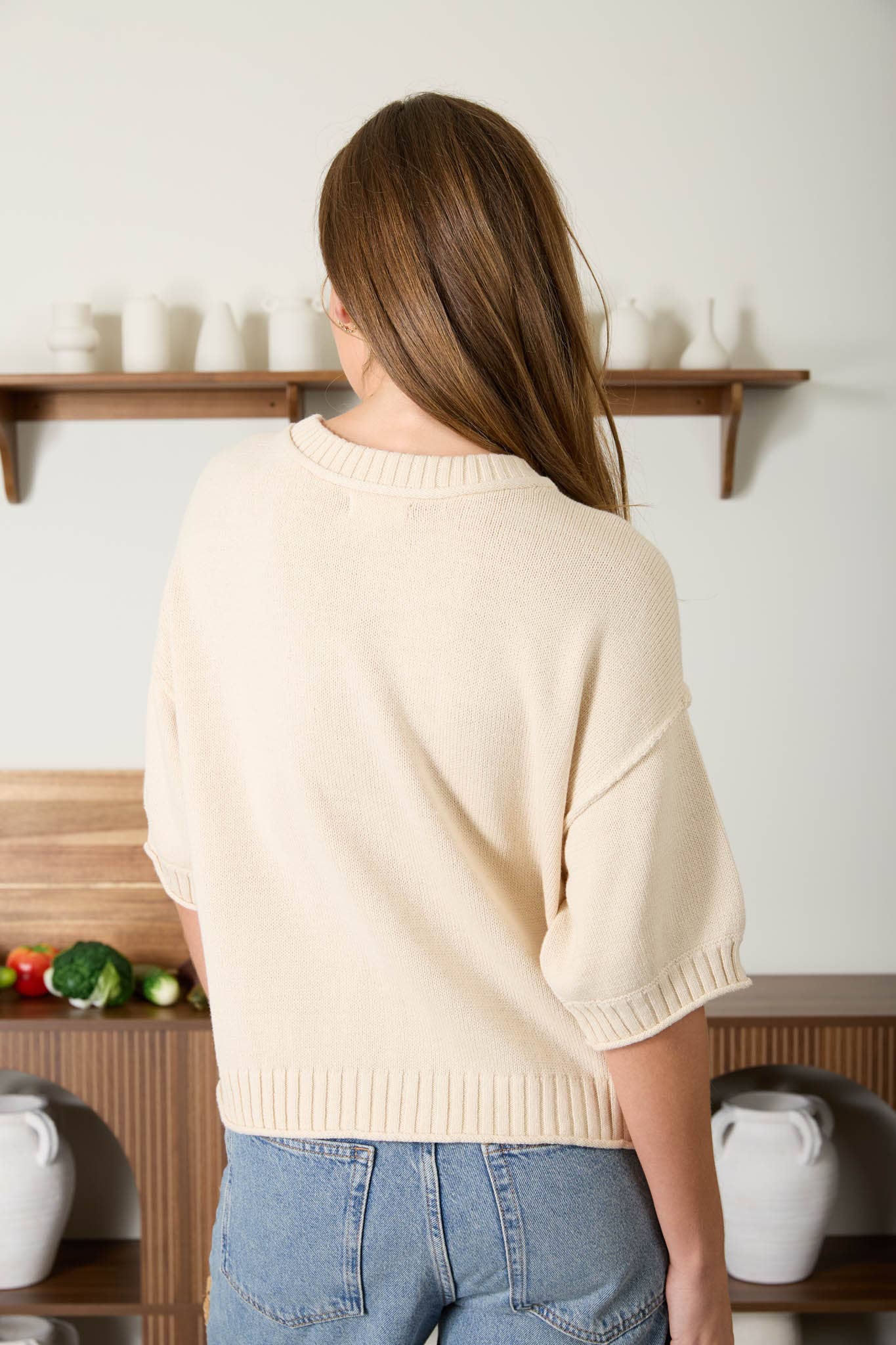 Raw Edge Short Sleeve Knit Cardigan - Natural