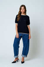 CONTEST TRIM PUFF SLEEVE RIBBED KNIT SWEATER: BLACK